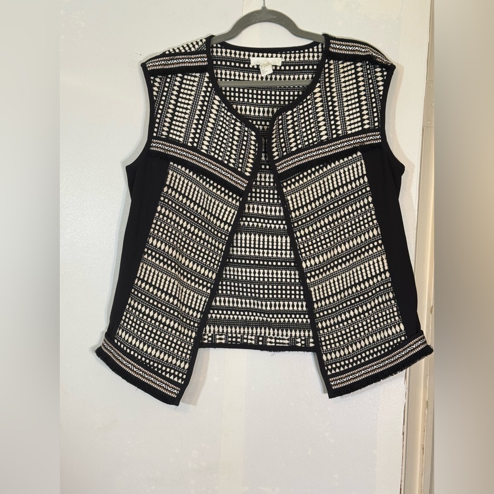 H&M Boho Tapestry Black White Patterned Fringe Vest | Size 8